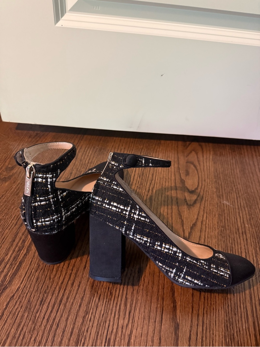 Unisa Black Tweed Block Heel Mary Jane Pumps with Ankle Strap